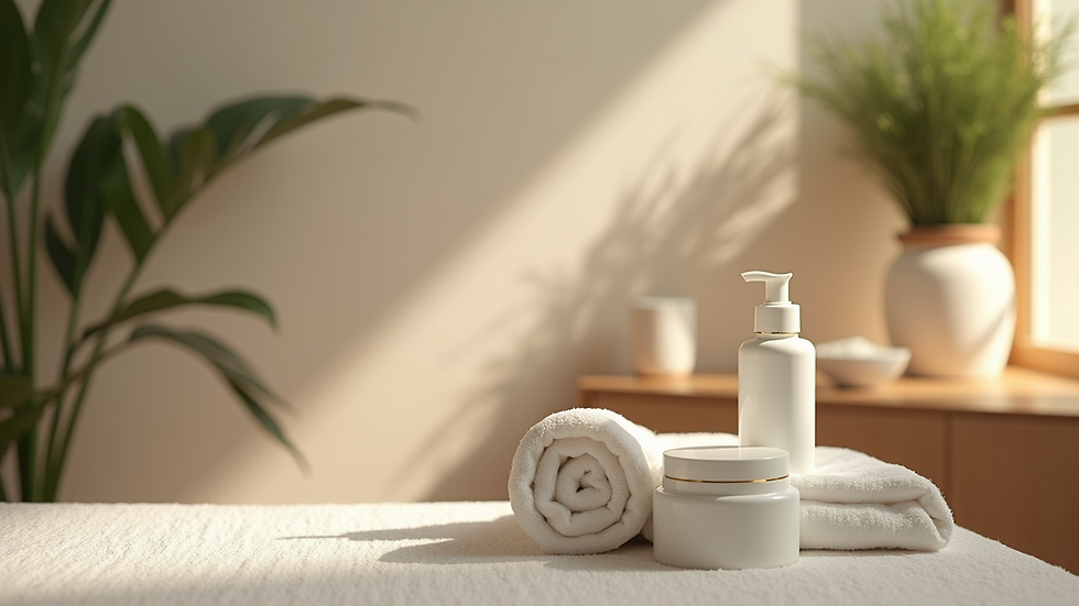 Eye-level view of spa treatment room with plant-based skincare products