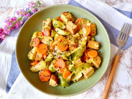 Vegan tempeh and Brussels sprouts (onions and garlic free)