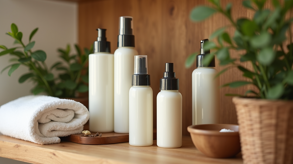Close-up view of eco-friendly spa products arranged on a wooden shelf