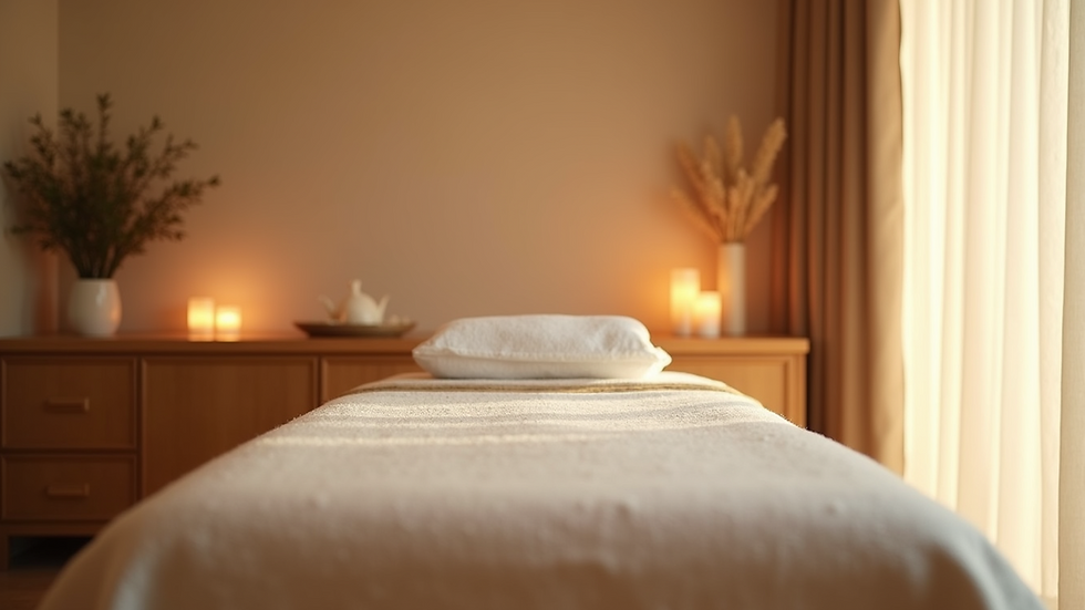 Eye-level view of a serene spa room with massage table and soft lighting