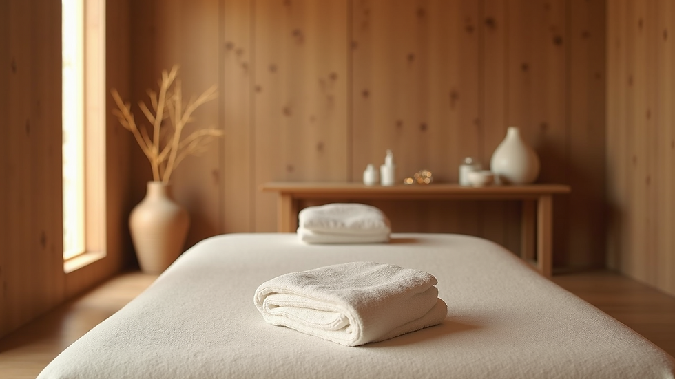 Eye-level view of a serene spa room with natural wooden decor