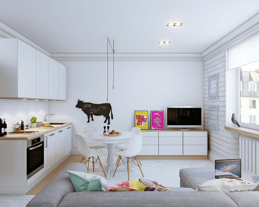 Right-sized open floor plan living and kitchen area with natural light
