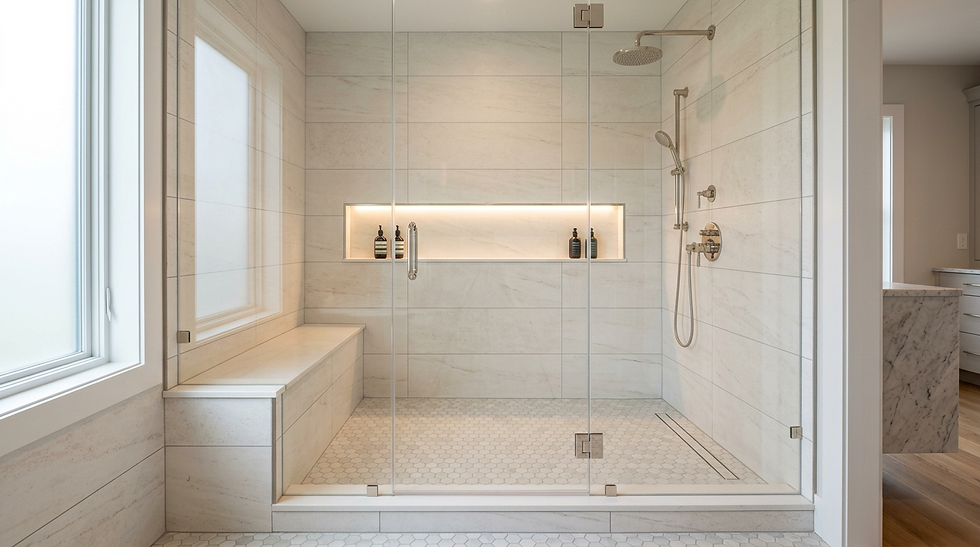 Luxury low-curb walk-in shower with porcelain tile, frameless glass, bench, and recessed storage niche.