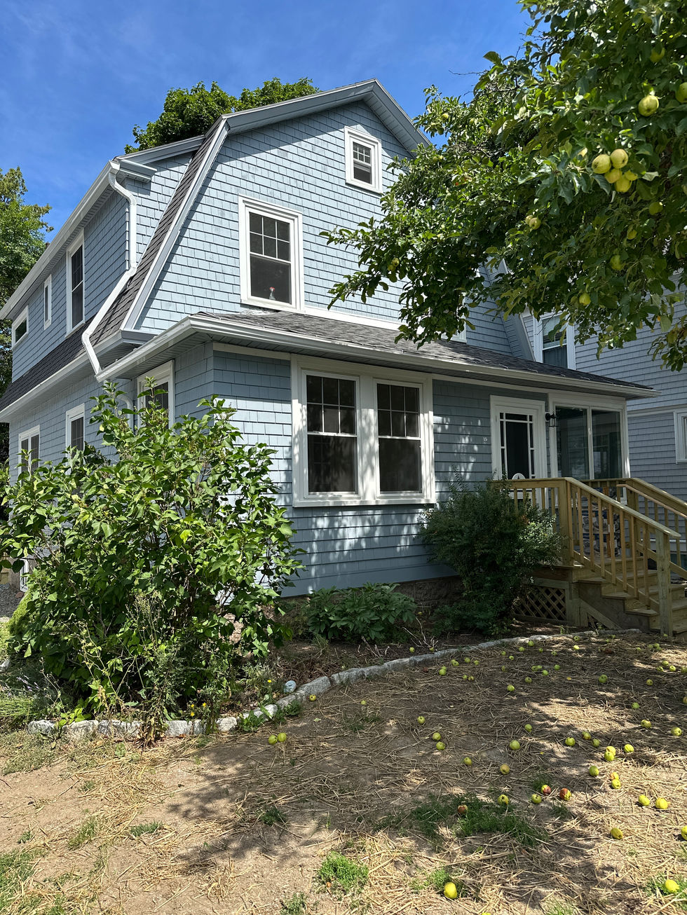 Light blue house with a front porch and greenery.