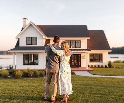 NEW CUSTOM HOME IN MAINE ON THE WATER WITH A HUSBAND AND WIFE HUGGING, STANDING ON THE LAW