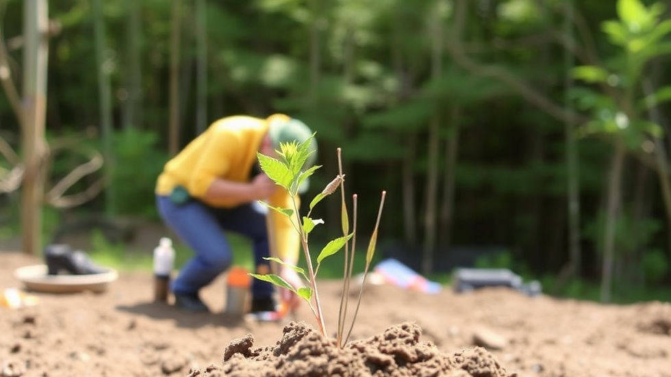 Ground site work, soil testing, small plant in the foreground