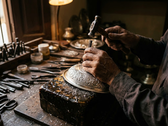 Master silversmith hands chiseling intricate repoussé patterns under warm atelier lamp light