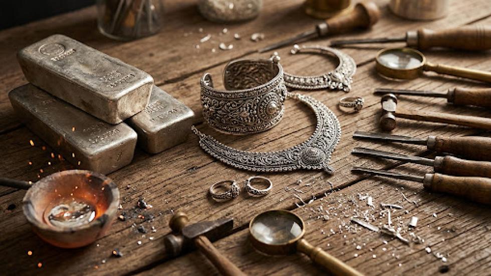 Raw 999 Fine Silver Ingots to Intricately Chiseled 925 Heritage Jewelry, Teakwood Workbench