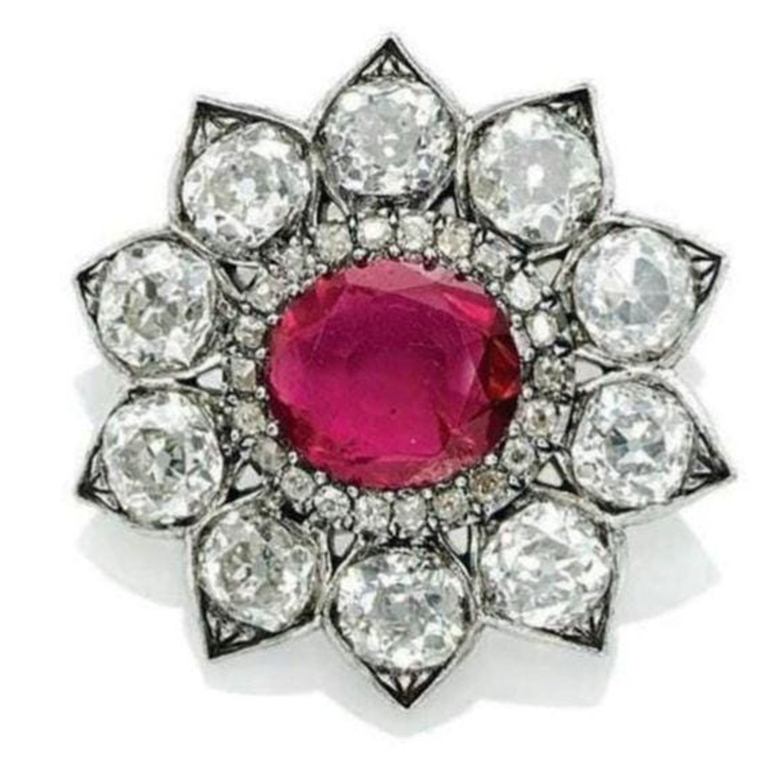 Brooch Silver Zircon Ruby Antique Royal Queen Victoria Eugenia