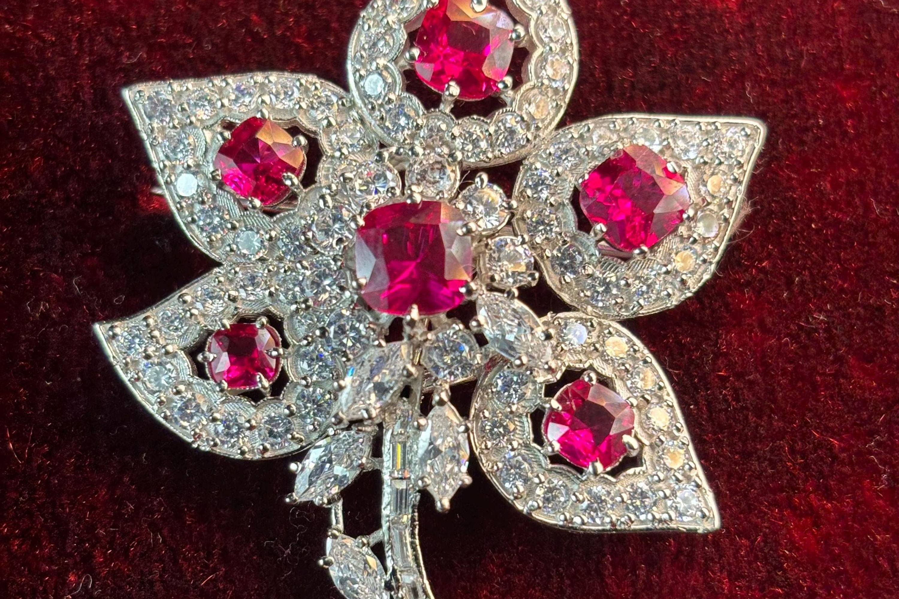 Brooch Silver Zircon Ruby Vintage Art Deco Antique Bridal Royal
