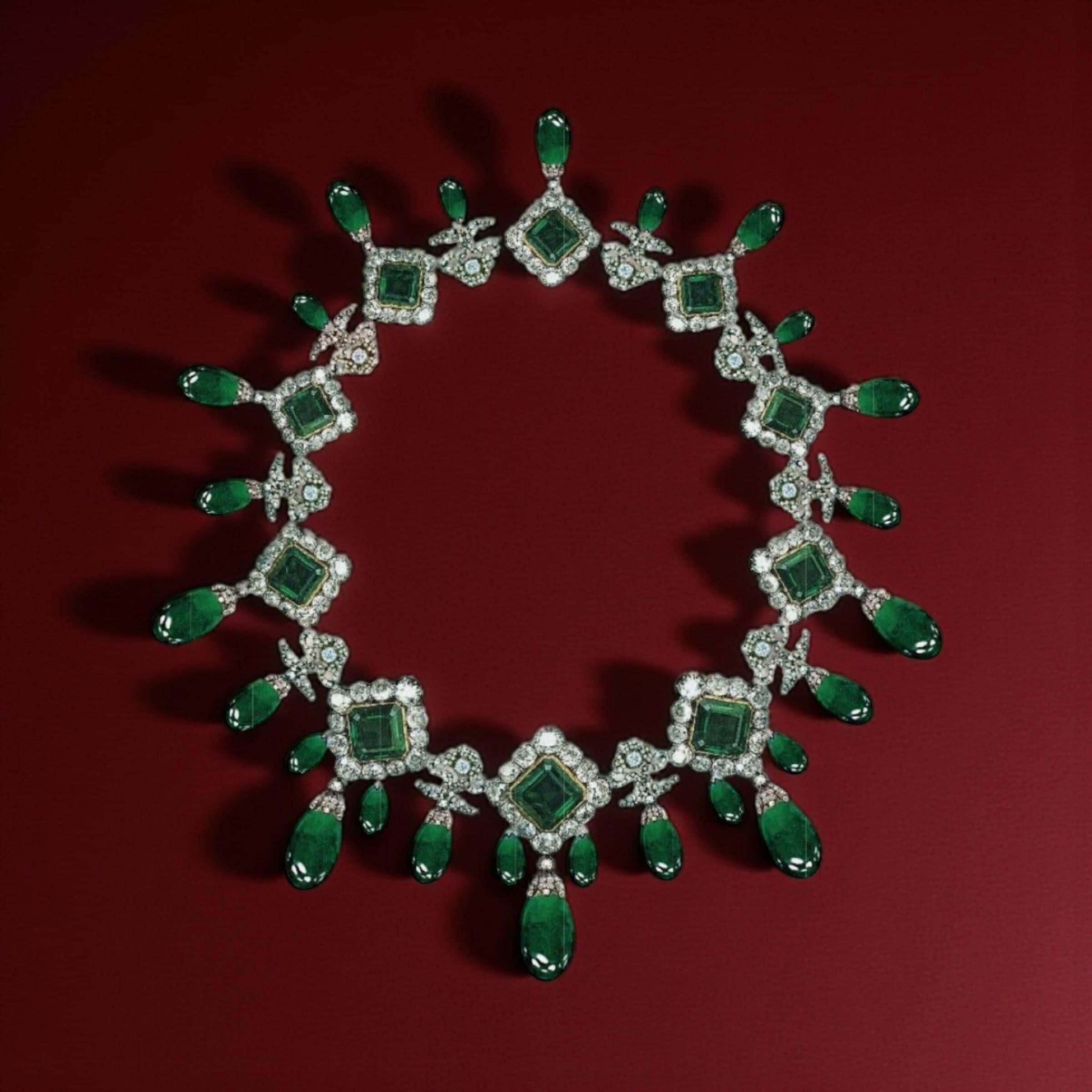 Necklace Silver Diamond Emerald Vintage Art Deco Wedding Queen