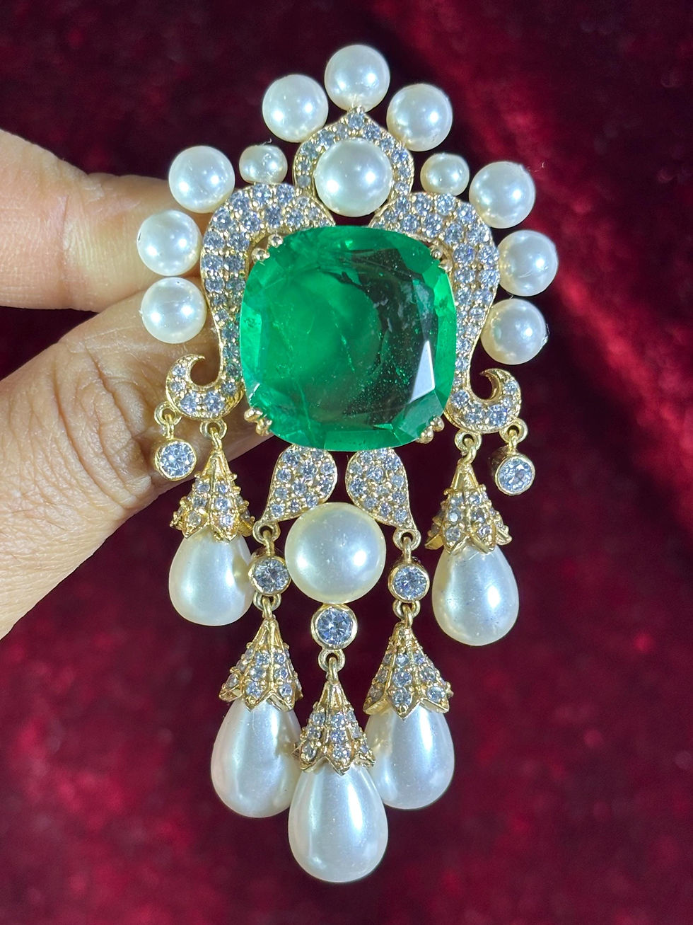 Miniature : Brooch Pendant Emerald Pearl Vintage Antique Victorian look