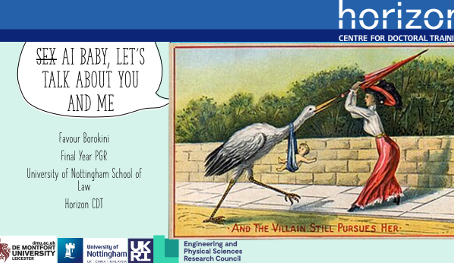 Image shows the title slide from a research presentation called "AI Baby, Let's Talk About You and Me". There's an image of a woman in Victorian dress threatening to hit a stork carrying a baby with an umbrella.
