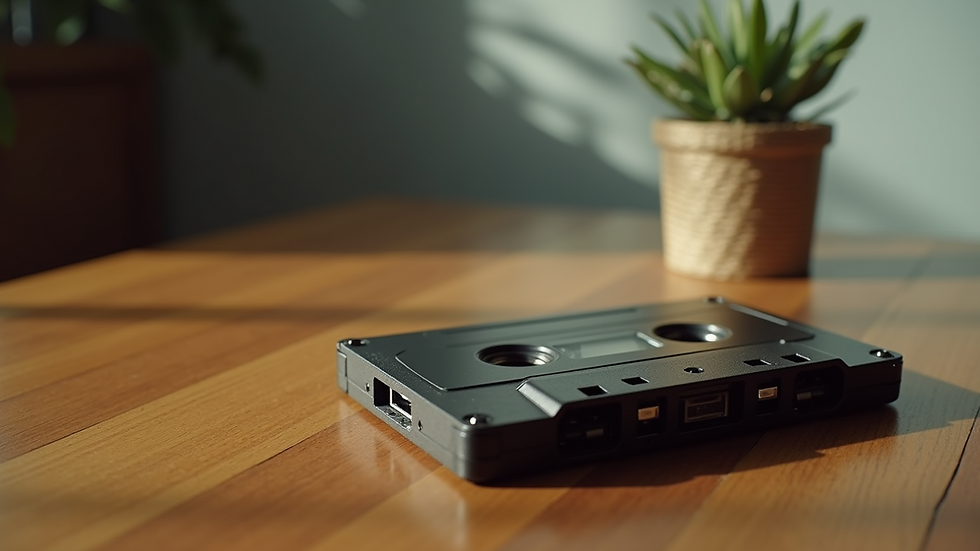 Close-up view of a vintage cassette tape on a wooden table