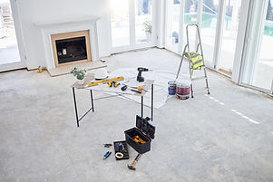 Architecture, construction and tools on table in home interior for building, design or ren