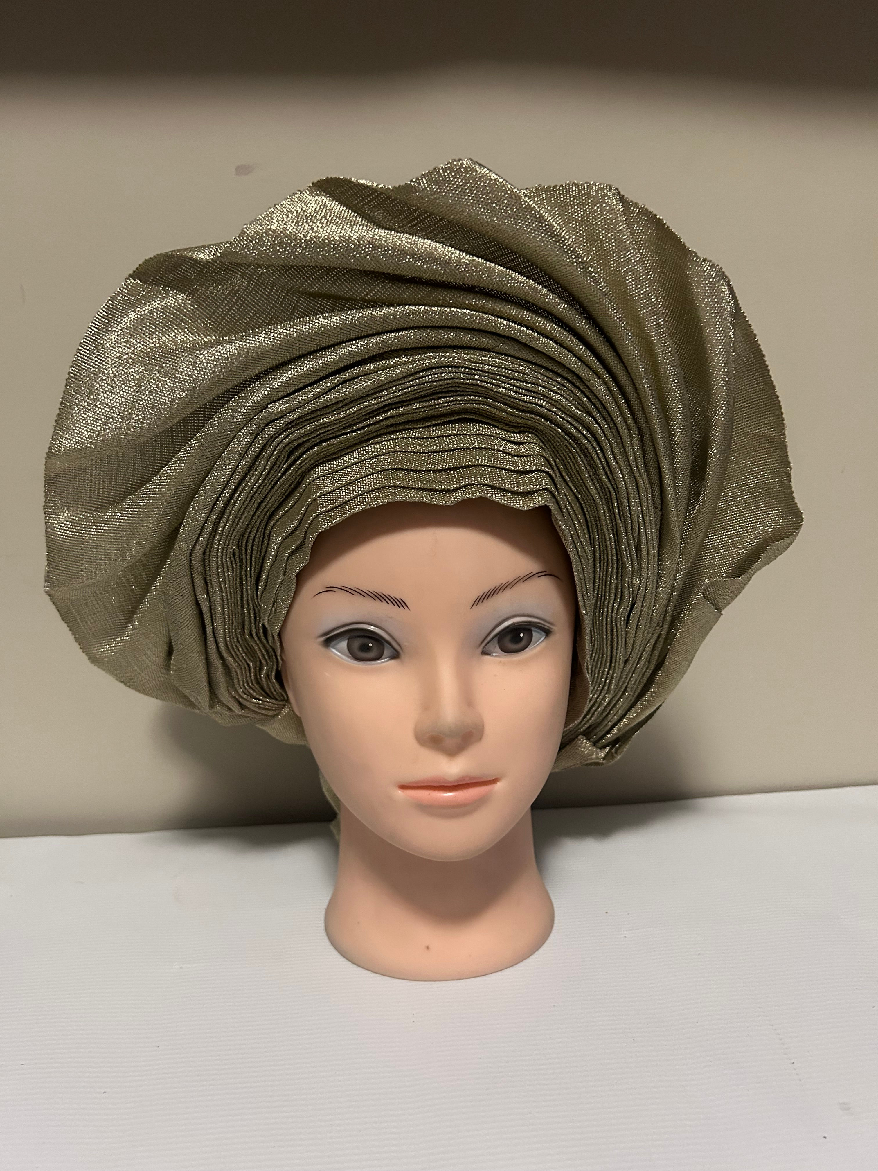 Gold Silk Aso-Oke Auto-gele with Pleats