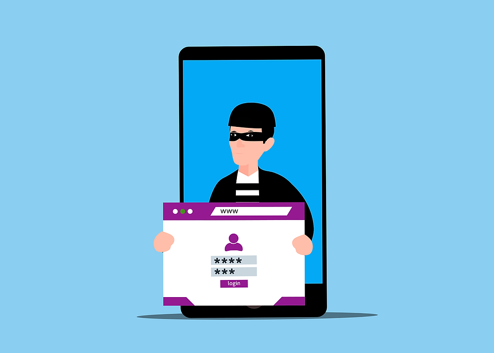 A thief in a mask emerges from a smartphone, holding a login screen. Background is blue. Mood is suspicious with a focus on cybercrime.