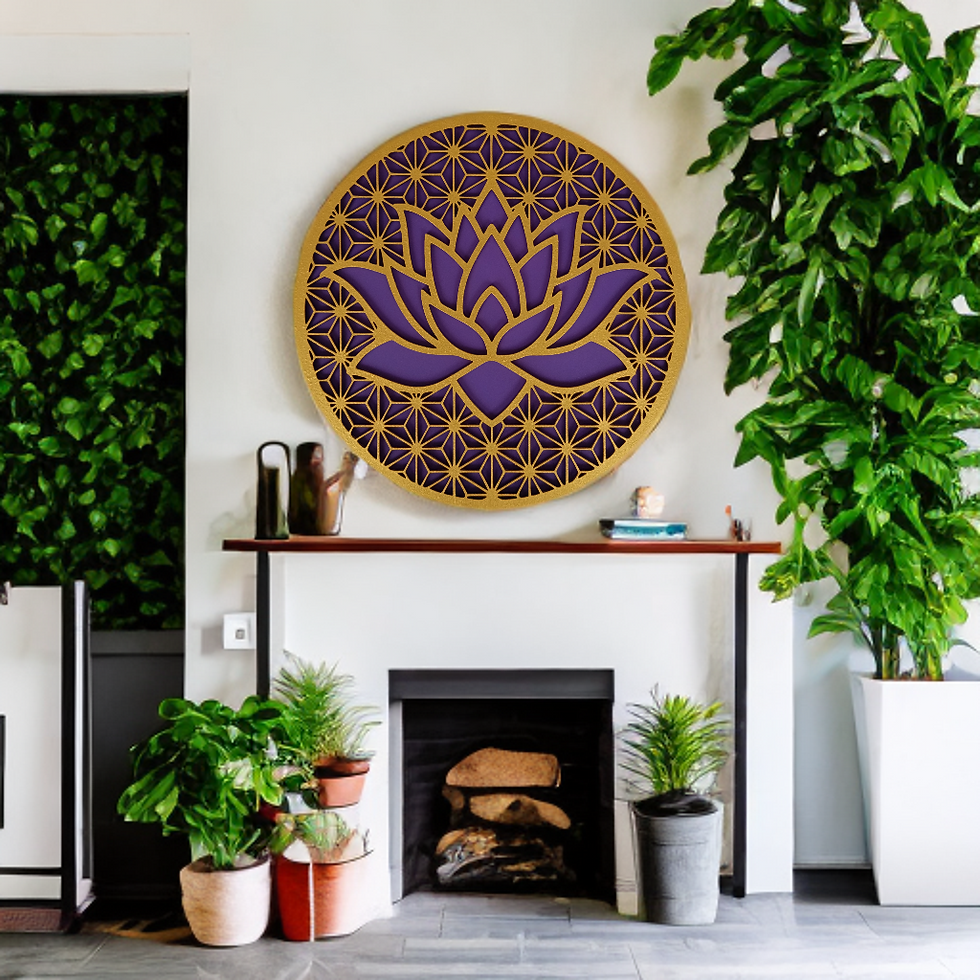 Mor Arka Planlı Lotus Çiçeği ve Yaşam Çiçeği Ahşap Duvar Dekoru