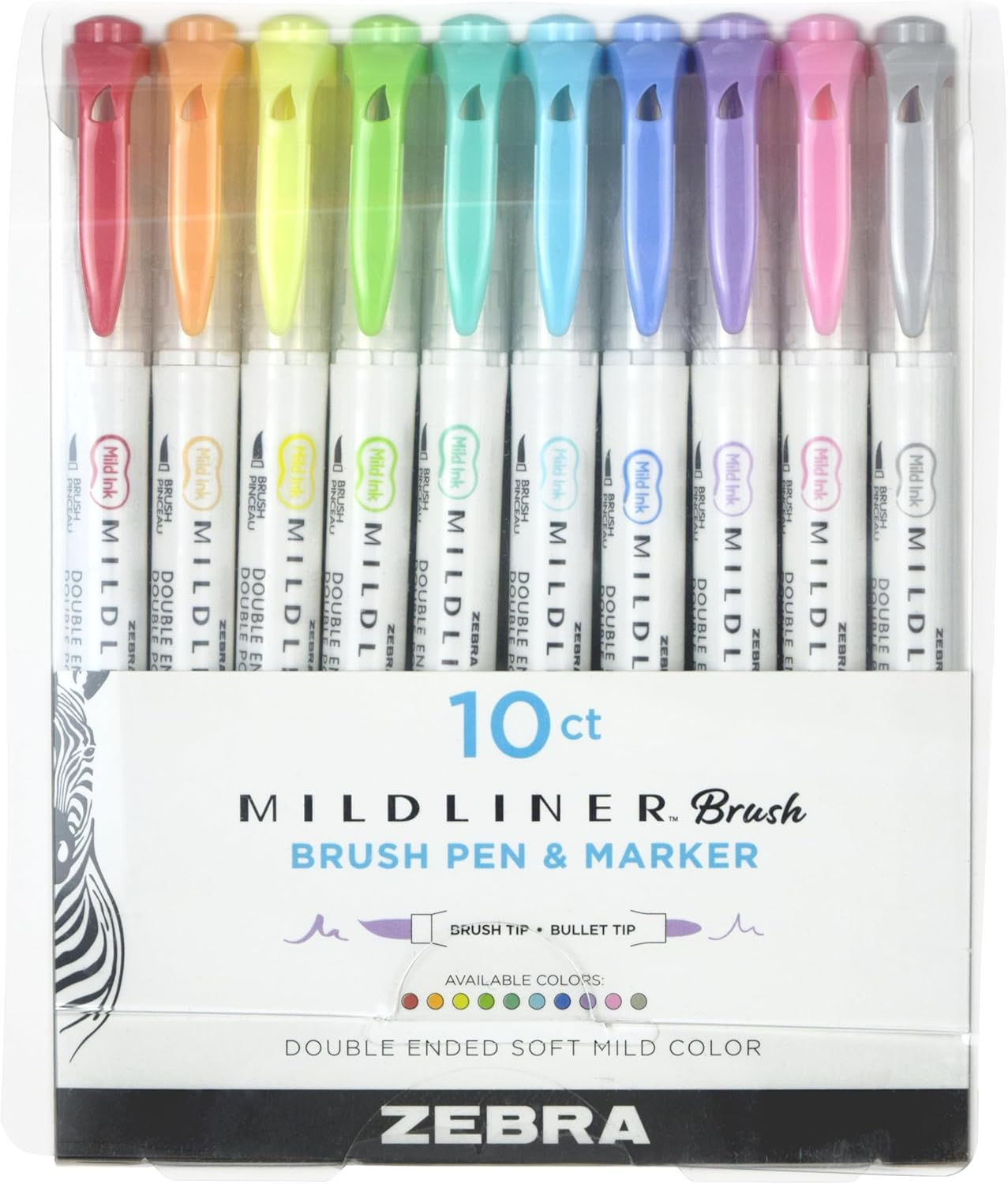 Zebra Pen MILDLINER Dual Tip Brush Pens - Soft & Mild Colours -10pk