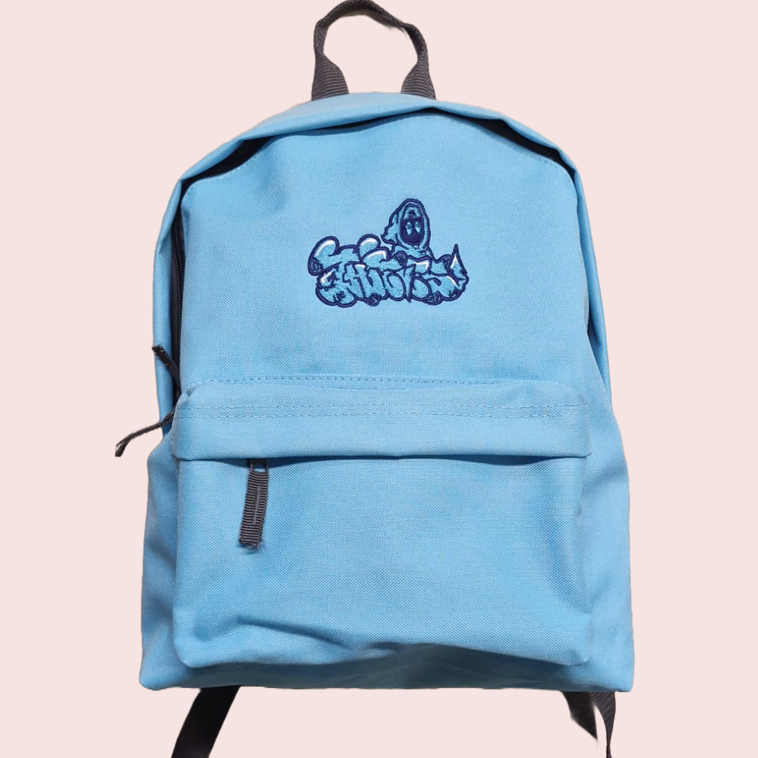 Light blue Thieves Throwie backpack with embroidered logo.