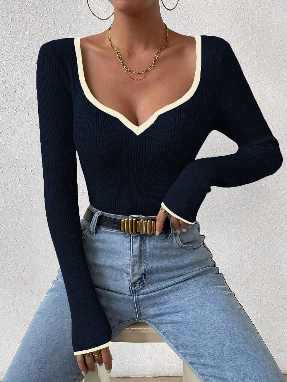 Miniatura: Blusa de punto ajustada con ribete de bloques de color