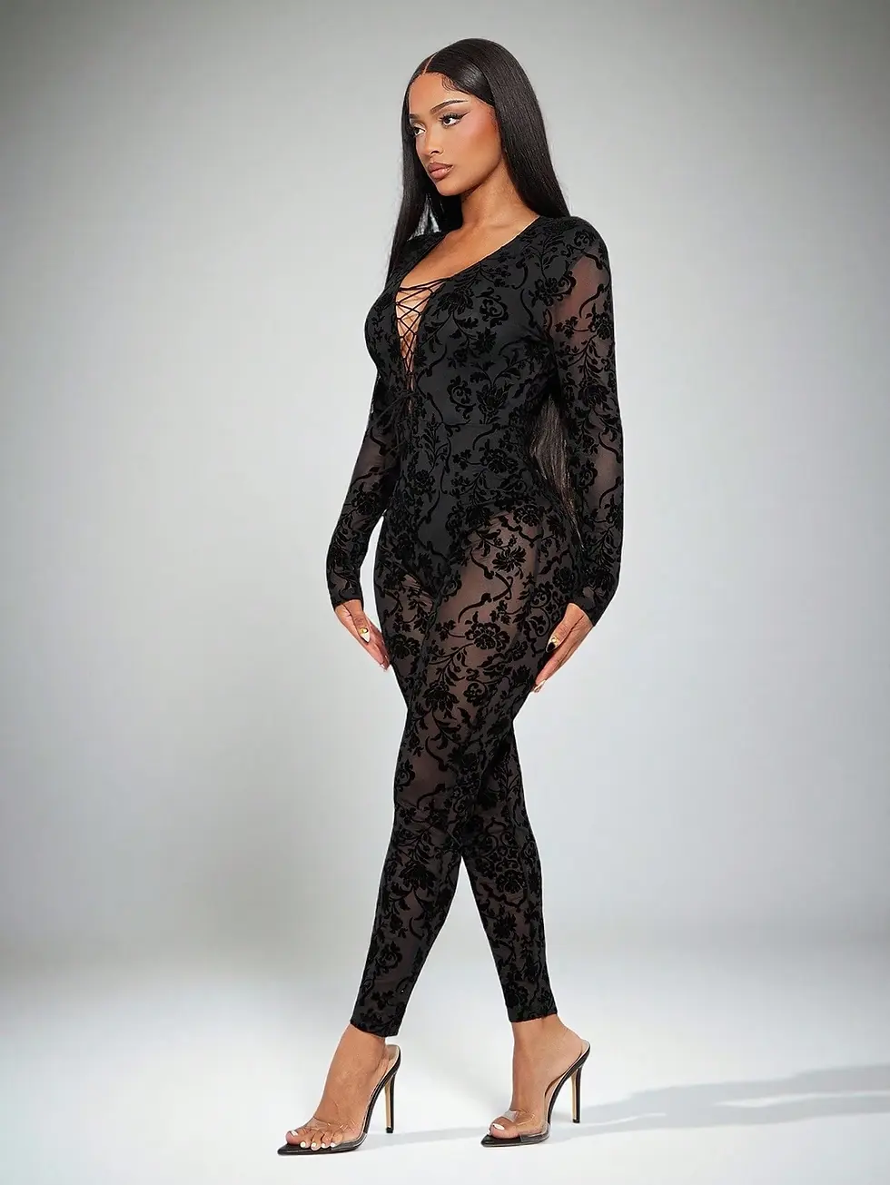 Miniatura: Catsuit de malla transparente con estampado floral vintage
