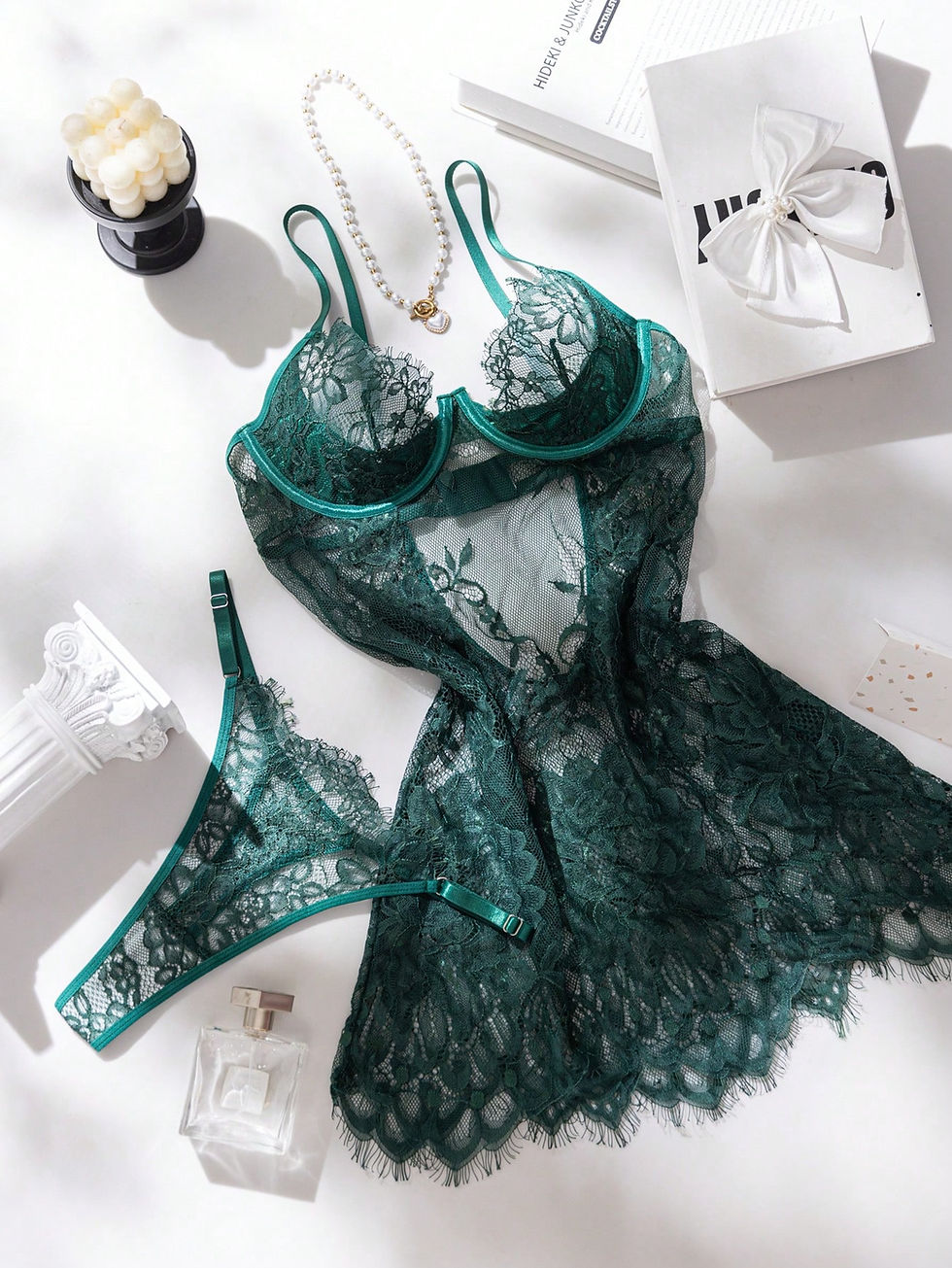 Miniatura:  2 piezas Conjunto de camisón sexy transparente con aros de encaje