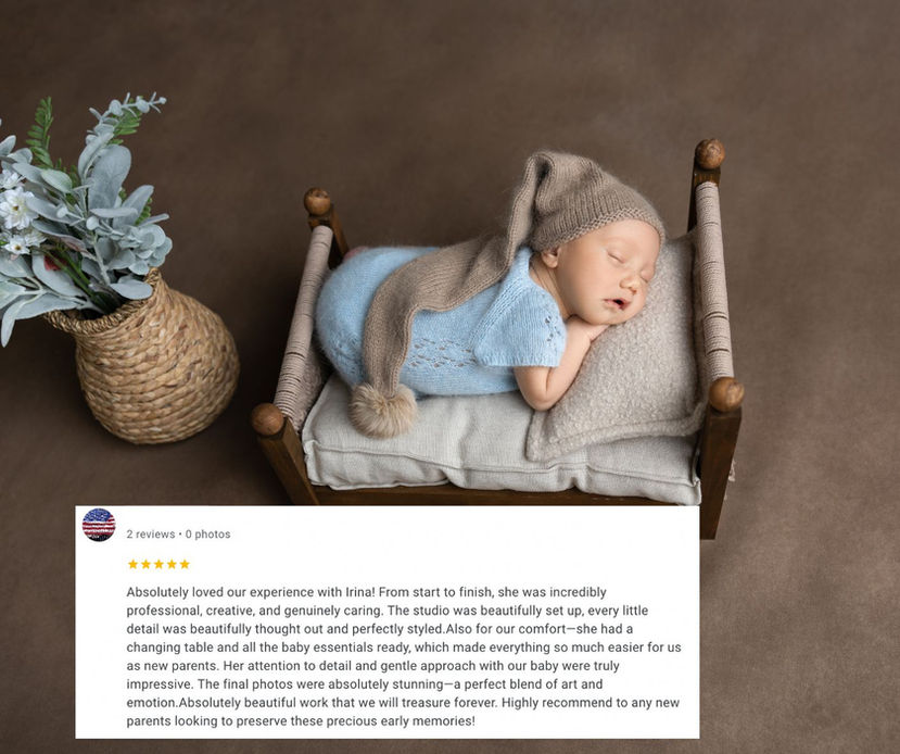 Sleeping newborn boy in blue knit outfit on mini bed with potted plant, San Diego Newborn photo session
