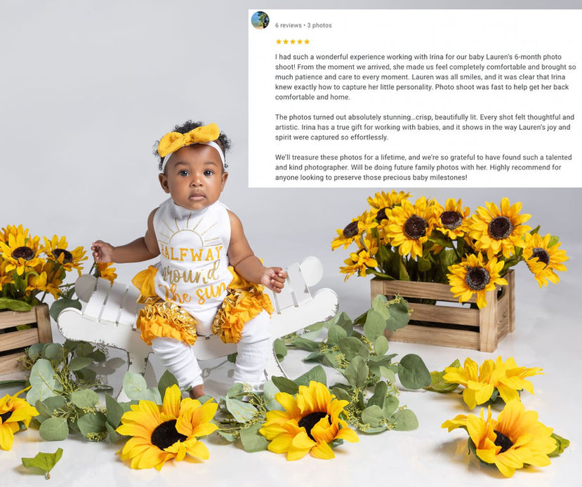 6-month-old baby girl in sunflower outfit surrounded by sunflowers in San Diego Photography studio