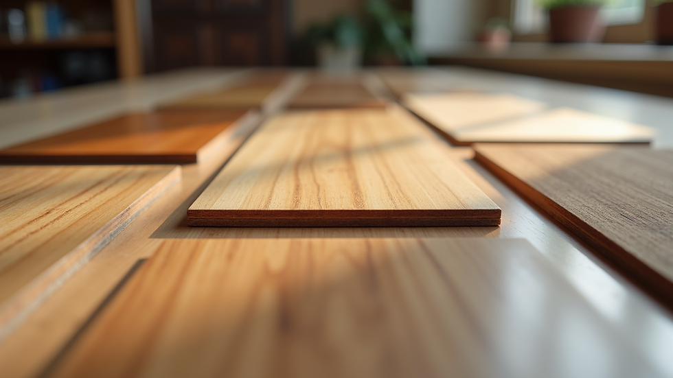 Close-up of hardwood flooring samples arranged on a table