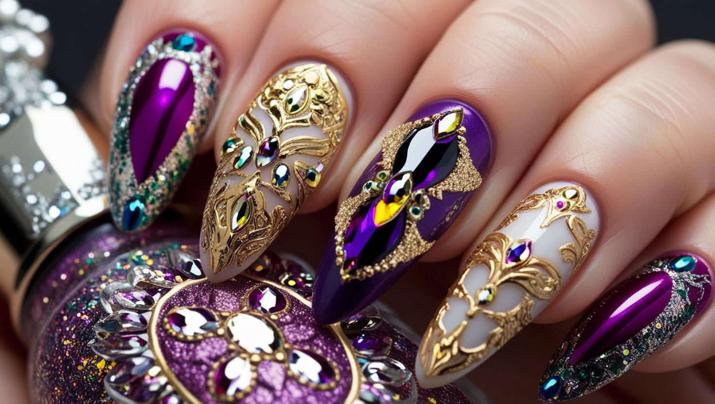 Intricate purple, gold nail art design with jewels