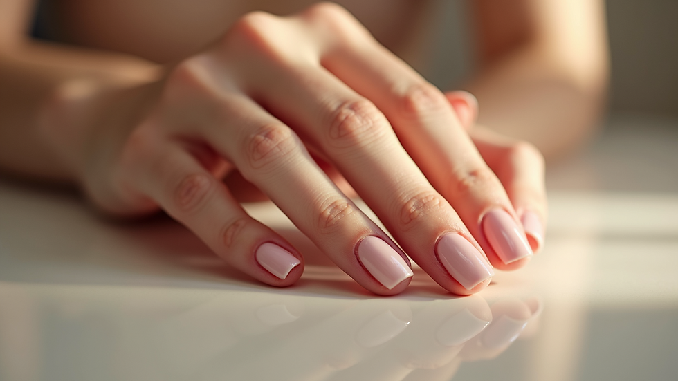 Eye-level view of beautifully manicured nails showcasing the glossy finish of BIAB