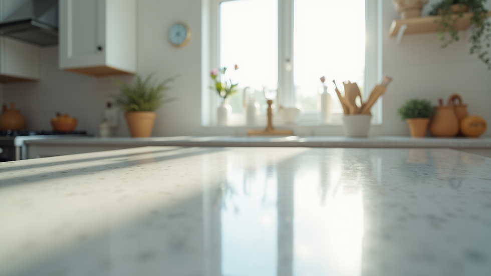 Eye-level view of a sparkling clean kitchen countertop