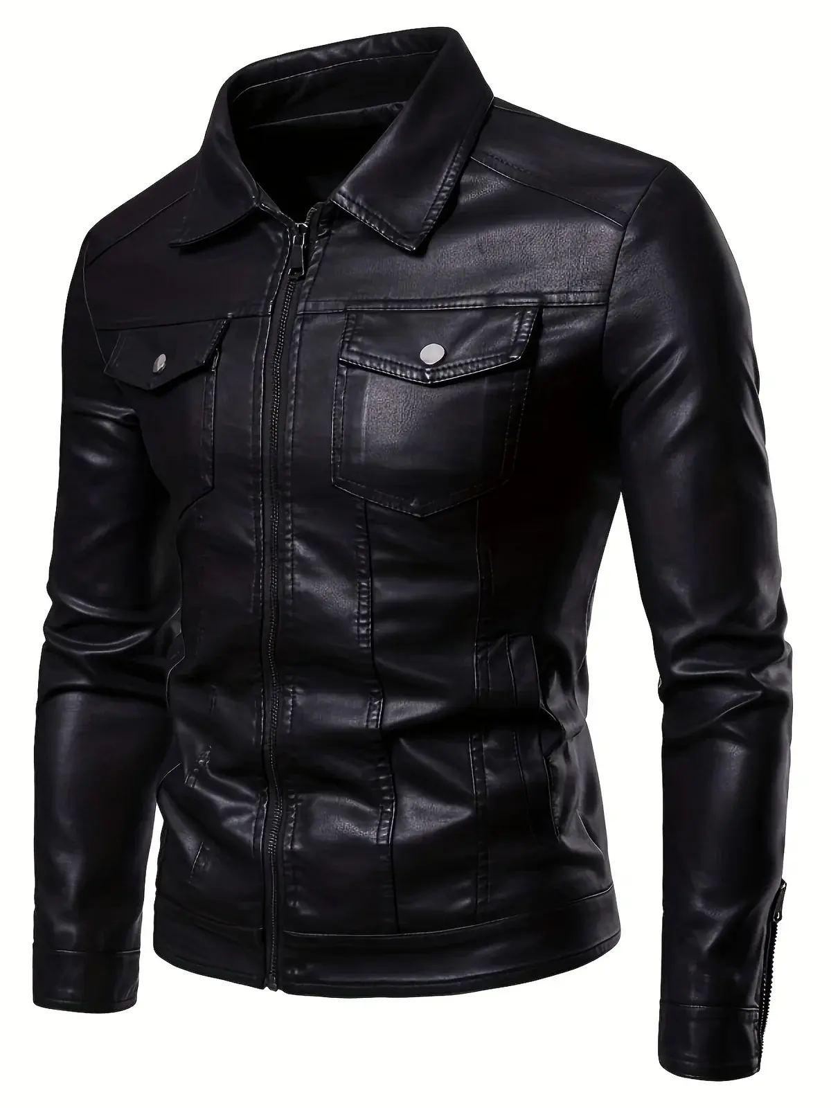 Men's Slim-Fit PU Leather Bomber Jacket with Zipper Closure