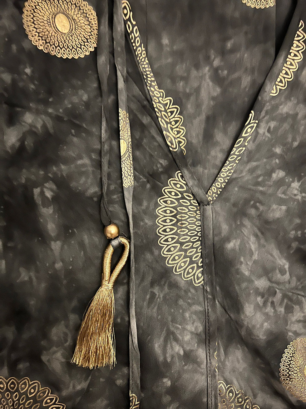 Thumbnail: Beautiful, grey co-ordinated flared trouser suit, v-back neck with gold tassle