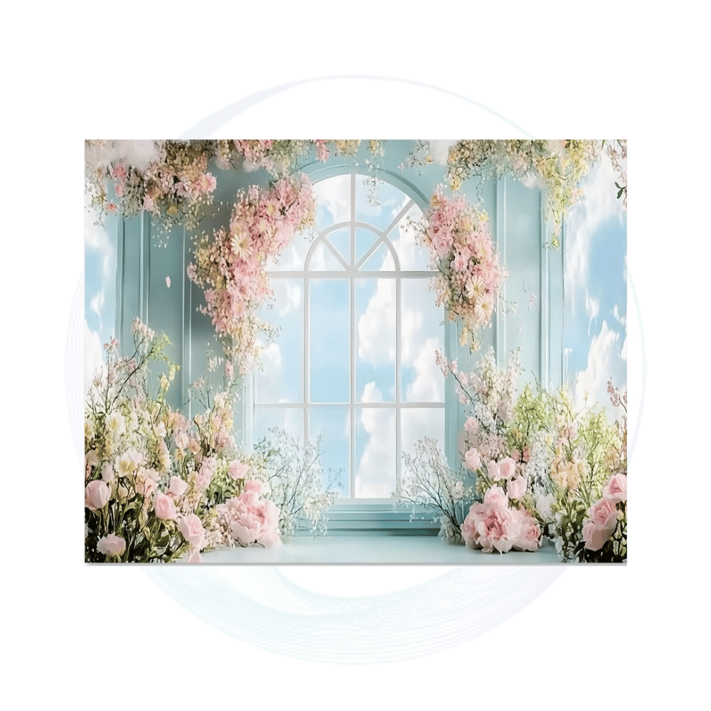 Vibrant floral flower arch backdrop with pink roses and peonies, 180 cm H × 230 cm W, includes stand, ideal for weddings, bab
