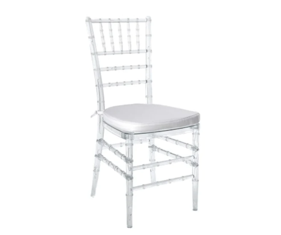 Chairs Tiffany Clear Chair with White Cushion Decor Hire by BV