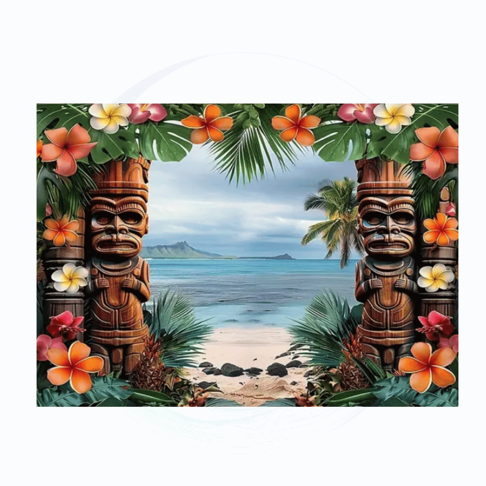 Tropical flowers and tiki totem backdrop with stand, perfect for Hawaiian, luau, and beach themed events and photo areas
