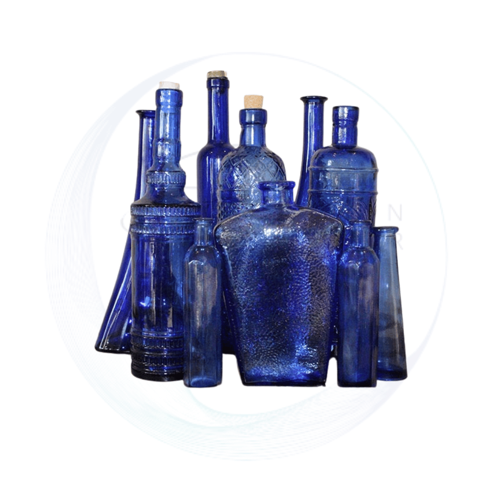 Ornate medium blue decorative glass bottles measuring between 30 and 39cm for wedding and event table styling
