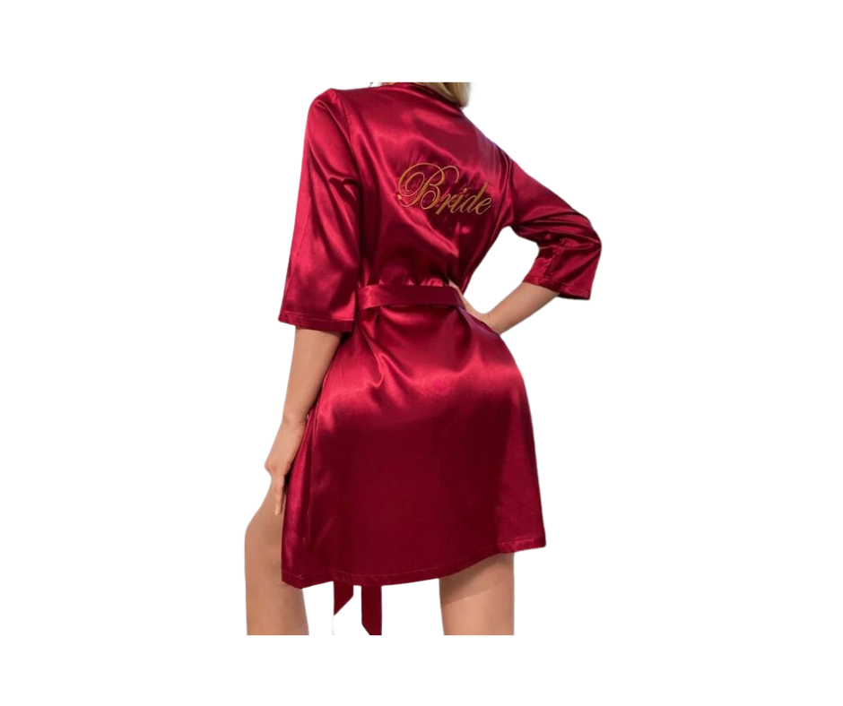 Thumbnail: Burgundy Letter Embroidery Belted Bride Satin Robe