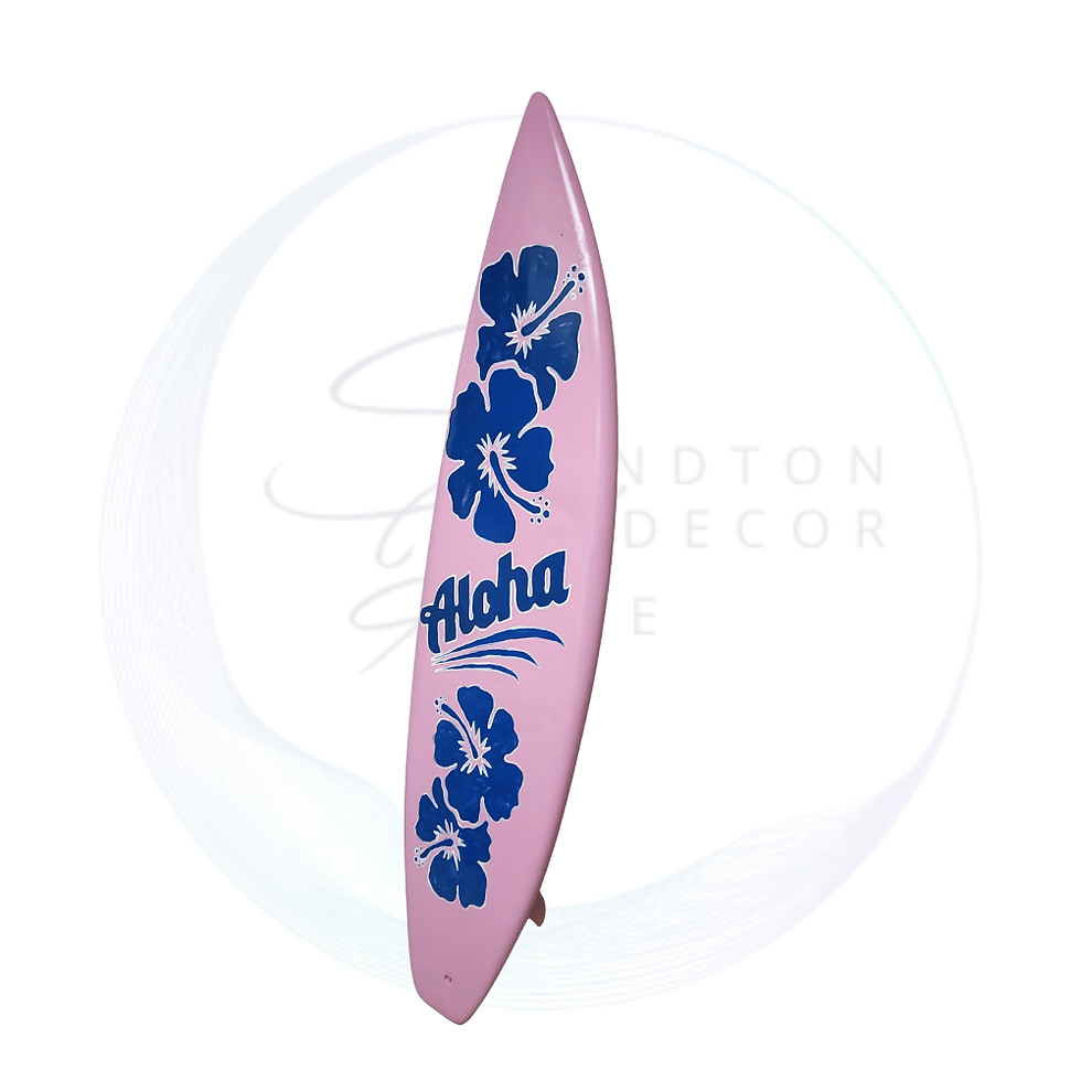 Pink Aloha surfboard prop 195 cm for tropical, beach, and summer-themed event decor