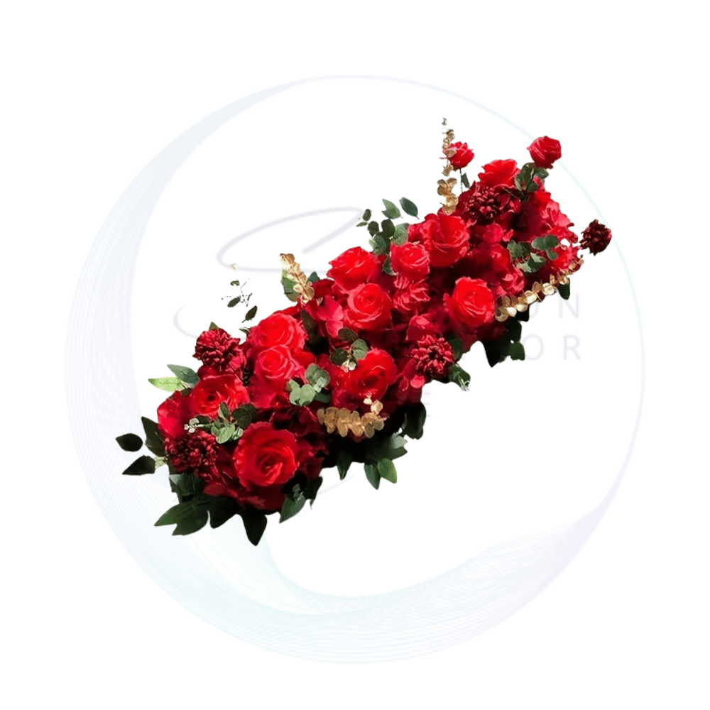 A beautiful red artificial flower centerpiece, perfect for adding a touch of elegance to events.