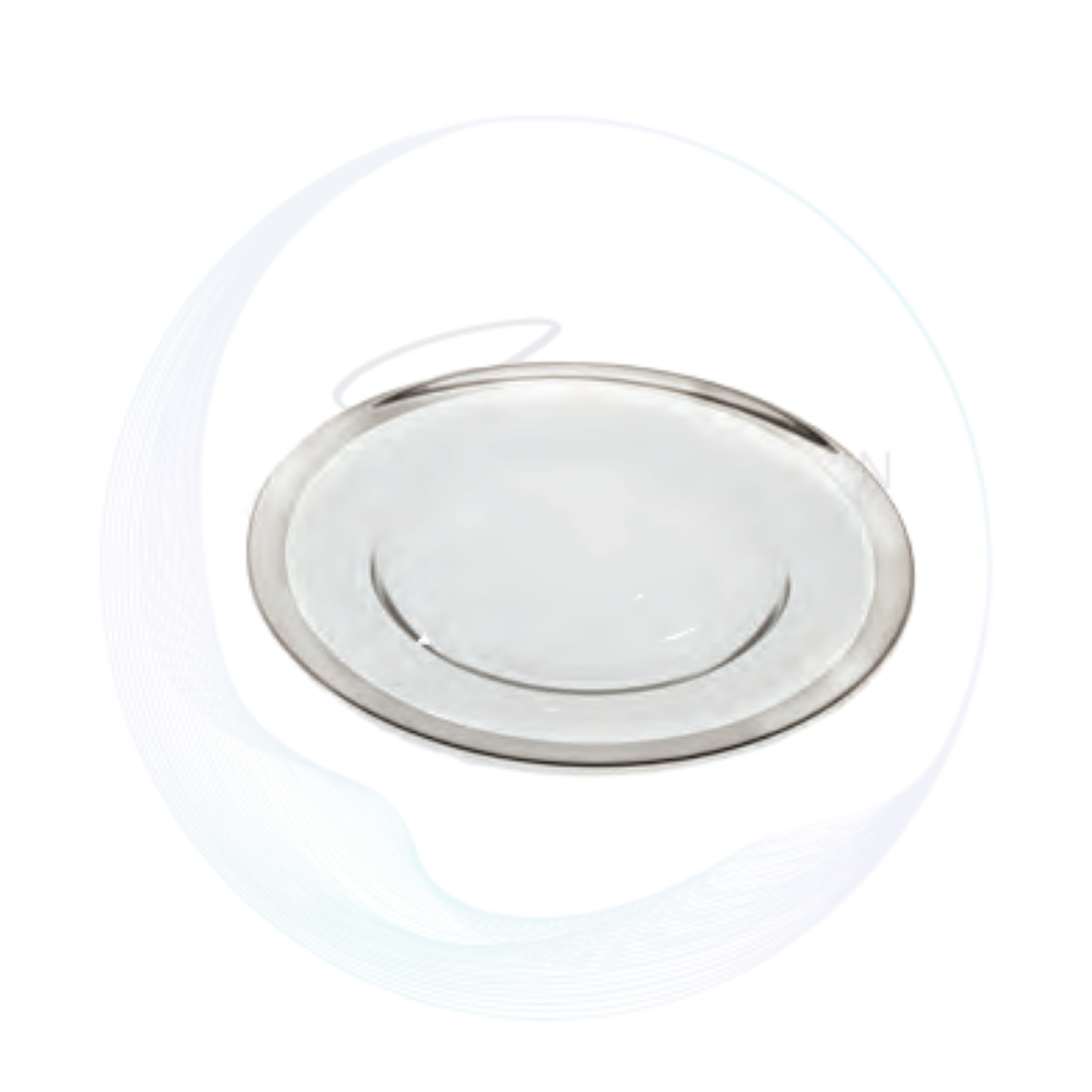 Thick glass underplate with silver rim, perfect for elegant table settings, weddings, and luxury event décor