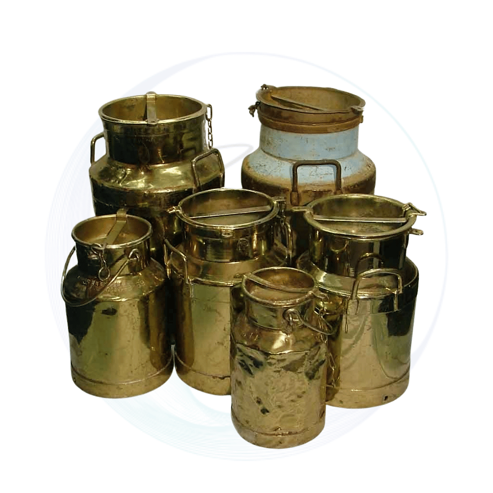 Assorted vintage metal milk cans in various sizes for rustic and farm themed event decor hire