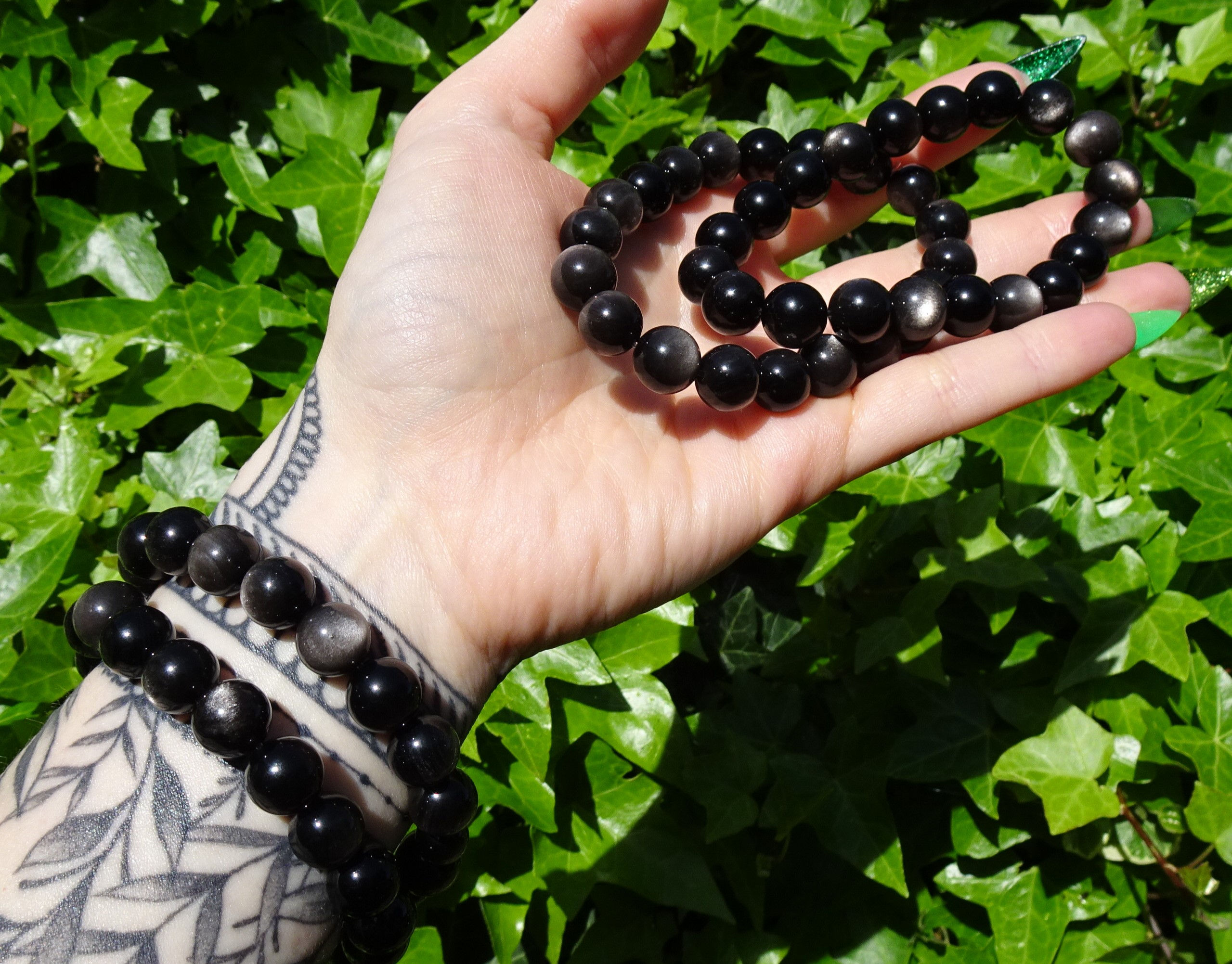 Polished Flashy Silver Sheen Obsidian Bead Bracelets - 10mm Beads