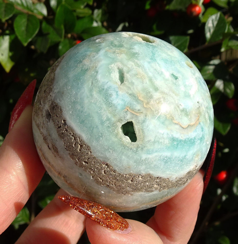 Thumbnail: Polished Banded Druzy Blue Caribbean Calcite Sphere - 253g - 6cm Diameter