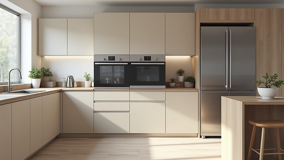 Eye-level view of a modern kitchen with painted MDF cabinets and stainless steel appliances