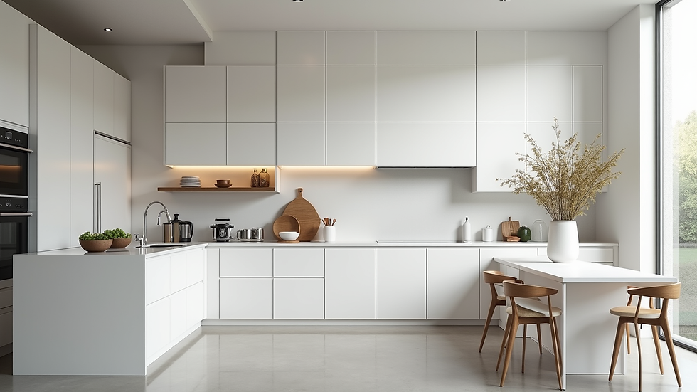 Eye-level view of modern kitchen with white cabinets and island