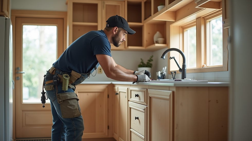 Close-up view of a craftsman installing custom kitchen cabinets in a home