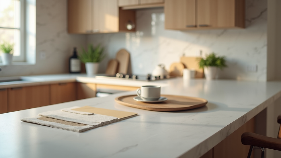 Close-up view of kitchen countertop materials and cabinet samples